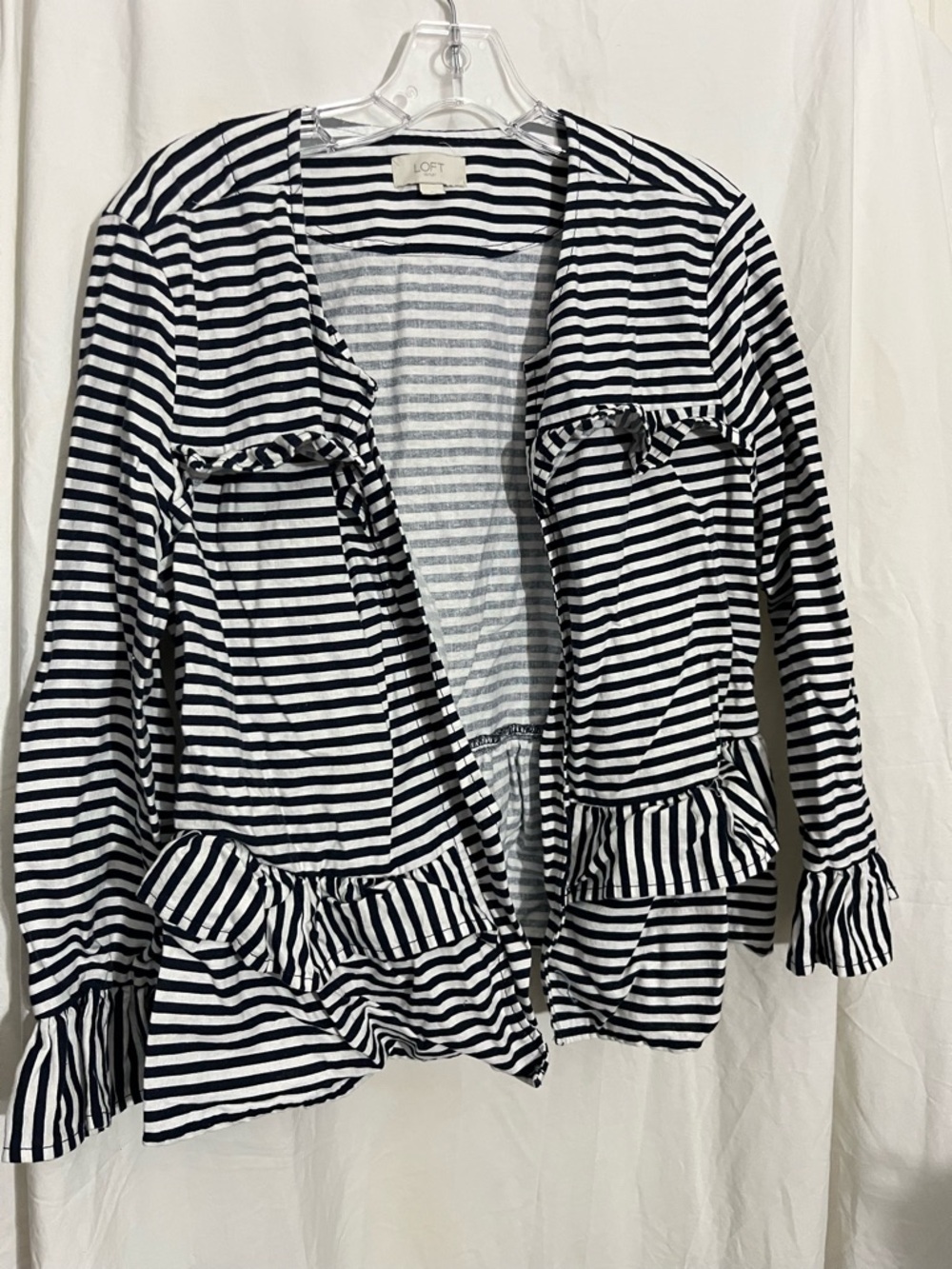 LOFT Navy and White Striped Open Cardigan with Ruffle Hem